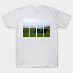 Wonderful landscapes in Norway. Colorful chairs on the beach.  Cloudy day. T-Shirt